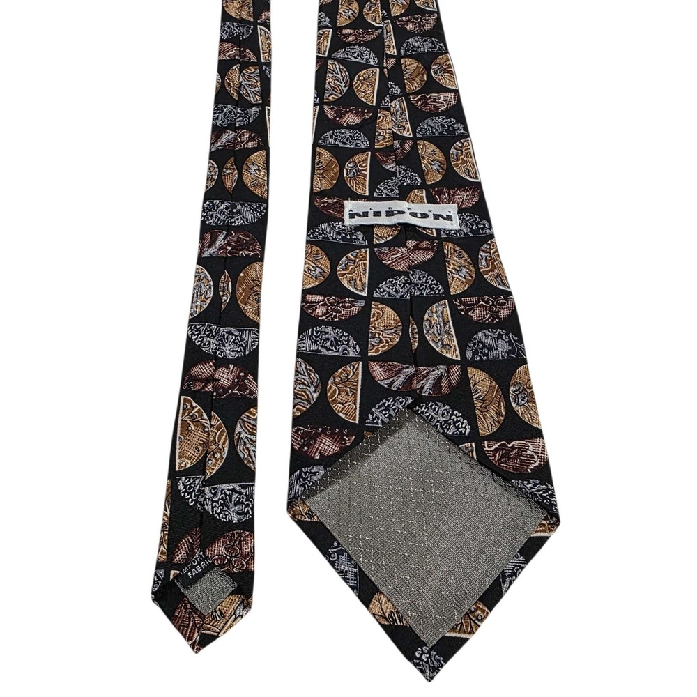 NIPON All Silk Geometric Pattern Necktie Black Gold Brown Men's Formal Power - Picture 8 of 11
